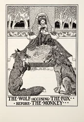 Vargen som anklagar räven före apan, från Fontaine Fables, pub. 1905