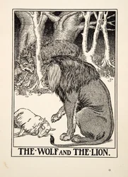 Vargen och lejonet, från Aesops hundra fabler, pub.1903 (gravyr)