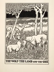 Vargen, lammet och geten, från Aesops hundra fabler, pub.1903 (gravyr)
