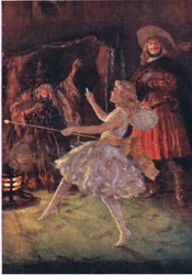 På baksidan av grottan dök en liten figur i grumligt vitt, från Little Women publicerad av Associated Newspapers Limited, c.1940 (färg litho)