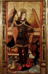 Ärkeängeln Mikael väger de dödas själar, tidigt 1500-tal.