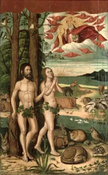 Adam och Eva i Edens lustgård (olja på panel)