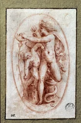 Apollo och Hyacint. Ritning a la sanguine av Pietro Buonaccorsi (1500-1546 / 47) även känd som Pierino del Vaga