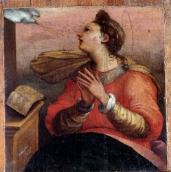 Jungfru av bebådelsen, detalj (olja på panel, ca 1535)