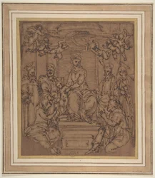 Jungfru och barn tronade med Saint Anthony Abbot, Saint Peter, Saint Paul..., 1522-23.