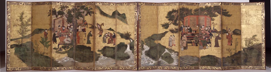 The Eight Immortals of the Wine Cup, c.1600 (bläck, pigment på guld, ett par sexfaldiga skärmar)