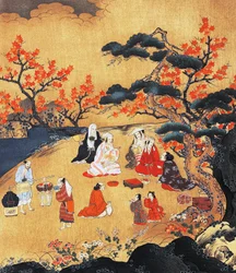 Kvinnor tittar på lönnträd i Takao, skärm, Azuchi-Momoyama-perioden (1568-1600), Japan 1500-talet, detalj
