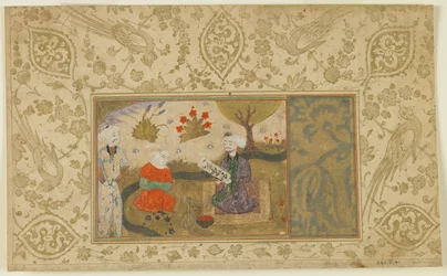Ett par samtalar vid en bäck, ca 1500 (ogenomskinlig akvarell, bläck och guld på papper)