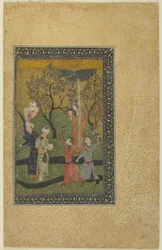 En prins och prinsessa omgiven av hovmän i en trädgård, ca 1480