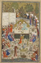 Lägg till Ms 18113 f.406 Humay och Humayun, älskare omgivna av skötare, från "Three Poems" av Kirmani, Bagdad
