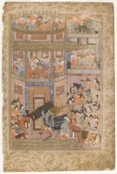 Ali lyfter portarna till Qamus, från en Rawzat al-safa, 1571-72