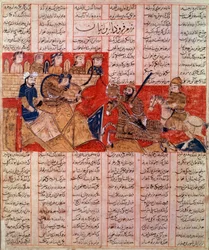 Art Iran (Persia): miniatyr av ett manuskript av Shah Nqmeh, kung Bahram Gour dödar Touranians härskare. handskrift från 1341. Privat samling.