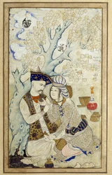 Art Islam: Porträtt av Shah Abbas I som omfamnar en av hans sidor. Persisk teckning från 1672. Mått: 0,16 x 0,27m. Paris, Louvren
