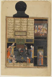 Bahram Gur och prinsessan i den svarta paviljongen ur en Khamsa (Kvintett) av Nizami, ca 1550