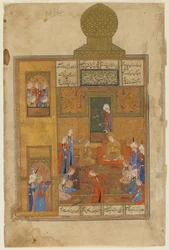 Bahram Gur och prinsessan i den gula paviljongen från en Khamsa (kvintett) av Nizami, ca 1550 (ogenomskinlig akvarell, bläck och guld på papper)