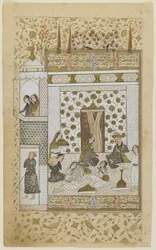 Bahram Gur och prinsessan i den vita paviljongen, från en Khamsa, ca 1600-10