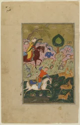 Bahram Gur jagar med Azada, från en Khamsa, ca 1580