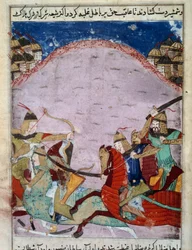 Strid mellan mongoler och georgier. Georgierna flyr. Persisk miniatyr omkring 1430. Paris, B.N.