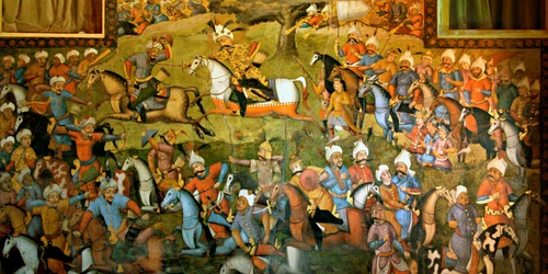 Slaget vid Taher-Abad eller slaget vid Merv med Shah Ismail I:s seger över Muhammad Shaybani Khan, mottagningshallen, Chehel Sotun, 1647