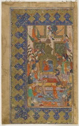 Bilqis tronade från en Khamsa (kvintett), ca 1560 (ogenomskinlig akvarell, bläck och guld på papper)