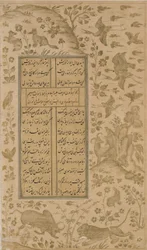 Tjur, lejon, kanin, fåglar och räv, folio från Yusuf-u-Zulaikha av Jami (d. 1492) Qazvin, Safaviddynastin, 1557 (bläck och guld på papper)