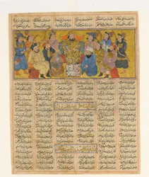 Buzurgmihr bemästrar spelet schack, ca 1300-30 (bläck, ogenomskinlig akvarell och guld på papper)