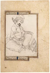 Kalligrafi; En konstnär i arbete, ca 1600 (Bläck, guld och akvarell på papper)