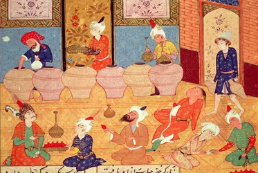 Fol.33v, Detalj av en bankett med musiker, från en diktbok av Hafiz Shirazi (c.1325-c.1388) 1554