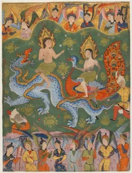 Folio från en Falnama (Omens bok); verso: Utvisning av Adam och Eva, Qazvin, Iran, Safavidperioden, mitten av 1550-talet (ogenomskinlig akvarell, bläck och guld på papper)