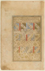Folio från en Rawdat al-safa (Renhetens trädgård) av Mirkhwand (d.1498) Shiraz, Iran, Safavidperioden, 1571-72 (ogenomskinlig akvarell, bläck och guld på papper)