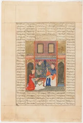 Folio från en Shahnama (Kungarnas bok) av Firdawsi (d.1020); Recto: Sandukht blir medveten om Rudabas handlingar, Tabriz, Iran, Il-Khanid-perioden, ca 1330-40 (ogenomskinlig akvarell, bläck och guld på papper)