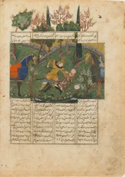 Folio från en Shahnama (Kungarnas bok) av Firdawsi (d.1020); verso: Suhrab in Combat with Rustam, Iran, c.1440 (ogenomskinlig akvarell, bläck och guld på papper)