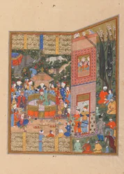 Folio från en Shahnama (Kungarnas bok) av Firdawsi (d.1020); verso: Salm och Turs sändebud före Faridun, Shiraz, Iran, Saravidperioden, ca 1560 (ogenomskinlig akvarell, bläck och guld på papper)