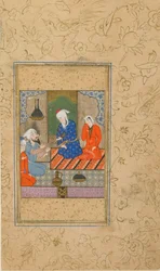 Folio från en Yusuf u Zulaykha av Jami (d. 1492); Zulaykha and an Elderly Man Lyssna på ett samtal, möjligen Mashhad, Iran, ca 1560-70 (ogenomskinlig akvarell, bläck och guld på papper)