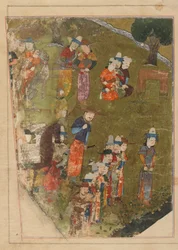 Folio från en Zafarnama; recto: Timur beviljar en publik vid tillfället av sin tillträde till tronen i Balkh; verso: text, Shiraz, Iran, Timuridperioden, 1436 (ogenomskinlig akvarell, bläck och guld på paj