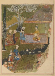 Folio från en Zafarnama; verso: Timur beviljar en publik vid tillfället av sin trontillträde i Balkh, Shiraz, Iran, Timuridperioden (ogenomskinlig akvarell, bläck och guld på papper)