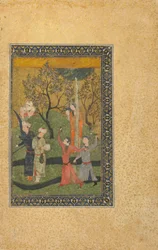 Folio från en oidentifierad text; En prins och prinsessa omgiven av hovmän i en trädgård, Iran, turkomanska perioden, ca 1480 (ogenomskinlig akvarell, bläck och guld på papper)