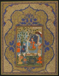 Folio från en oidentifierad text; A Ruler Enthroned, möjligen Khurasan, Iran, ca 1590 (ogenomskinlig akvarell, bläck och guld på papper)