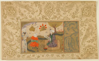 Folio från en oidentifierad text; En kvinna samtalar med en sittande man vid en bäck, Iran, ca 1500 (ogenomskinlig akvarell, bläck och guld på papper)