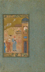 Folio från en oidentifierad text; tergo: Two Men Carrying Pitchers Approach a Building, Shiraz, Iran, c.1520 (ogenomskinlig akvarell, bläck och guld på papper)