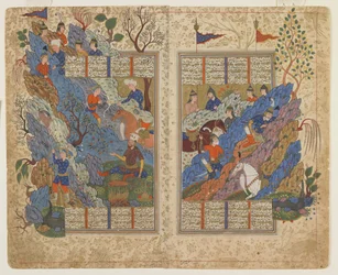 Gudarz dödar Piran på berget från en Shahnama