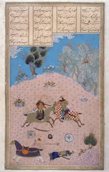 Gustaham dödar Lahhak och Farshidward, illustration från Shahnama (Kungarnas bok), av Abul-Qasim Manur Firdawsi (c.934-c.1020) c.1440-45 (penna, bläck & wc på veläng)