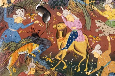 Jägare monterade och till fots dödar rådjur och tiger (ogenomskinlig akvarell på papper) (detalj av 272916)