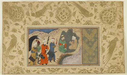 Iskandar besöker en eremit, ca 1500 (ogenomskinlig akvarell, bläck och guld på papper)
