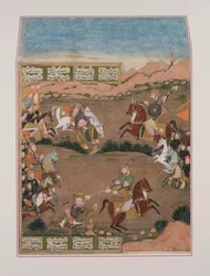 Kay-Khusrau skjuter Qara Khan, från Shahnama (gouache på papper, guldutsmyckning)