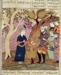 Riddare som hittar den fallna Kawus, illustration från Shahnama (Kungarnas bok) av Abul-Qasim Manur Firdawsi (c.934-c.1020) 1619