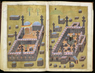 MS.343.f15v-16r Moskén i Medina och Mecka, från `Reasons for Charity, av Mustafa Al-Shukri, 1160