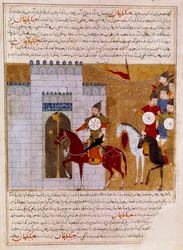 Mongoler som belägrar en persisk miniatyrfästning hämtad från "" Jami al-tawarikh"" (Jami al tawarikh) eller "" Universal History"" av historikern Rashid al-din (al din) (1247-1318) Omkring 1430 Paris, B.N.