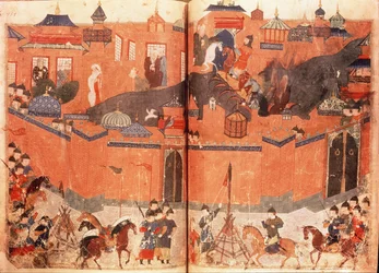 Ms.Sup.Pers.1113.f.180v-181 Mongoler under ledning av Hulagu Khan stormade och intog Bagdad 1258, från en bok av Rashid al-Din (1247-1318) (vellum)