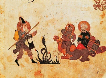 Ms Ar 3929 f.69, Abu Zayd lämnar al-Harith under pilgrimsfärden till norra Irak, från Al Maqamat, (Mötena), illustrerad av Hariri, andra fjärdedelen av 1200-talet (gouache på pergament) (se a